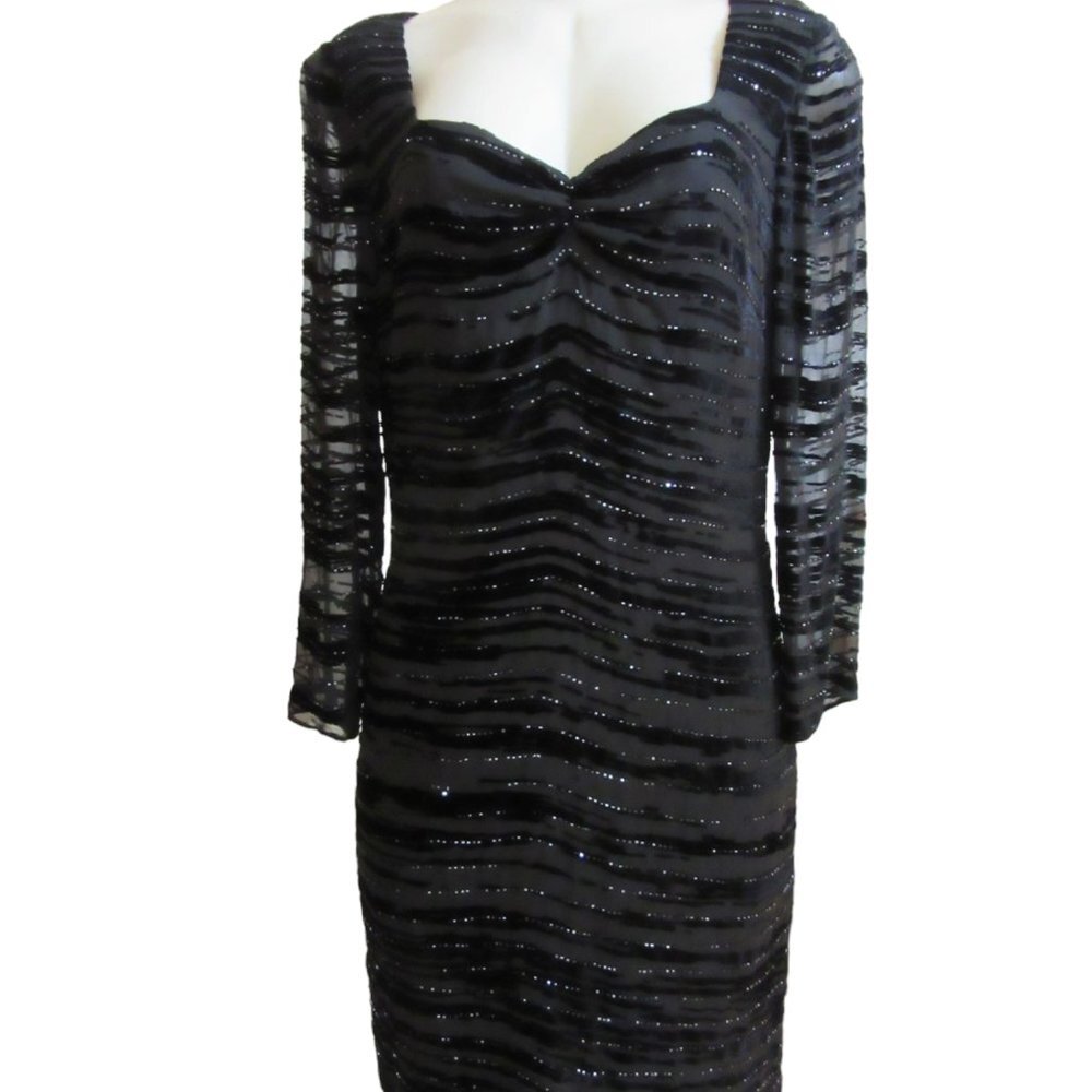 Kay Unger Black Knee Length Sheer Beaded Party Formal Dress, Rayon & Silk SZ 6